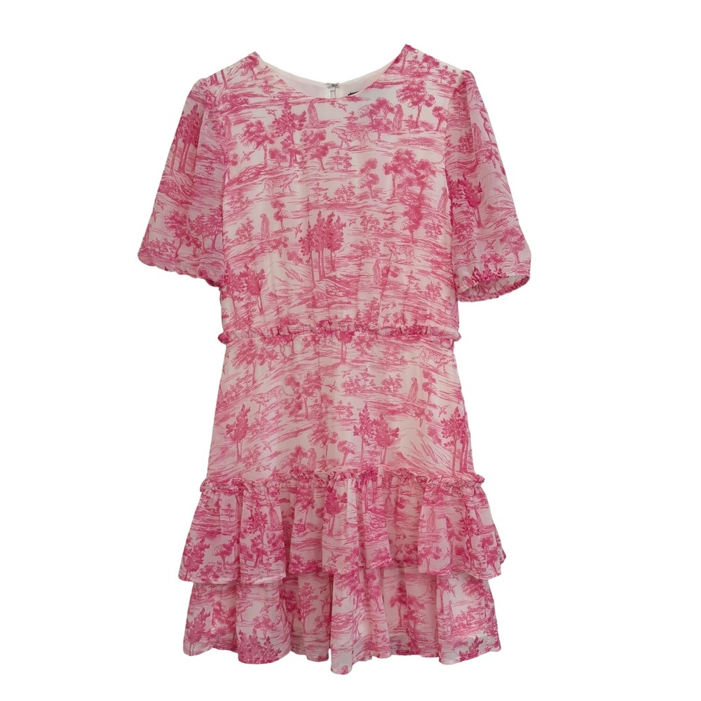 Aqua Pink White Toile Mini Dress Ruffled Tiered Coquette Romantic Short Sleeve S